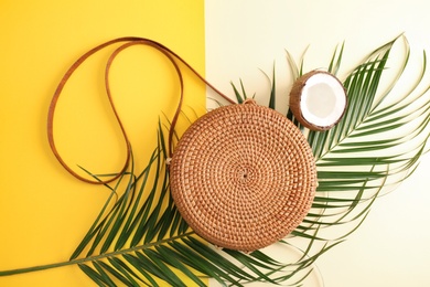 Photo of Flat lay composition with bamboo bag on color background