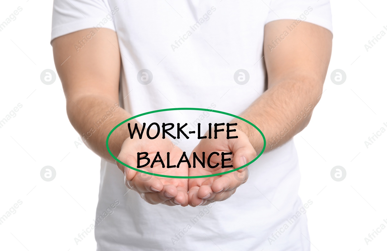 Image of Man demonstrating phrase Work-life balance on white background, closeup