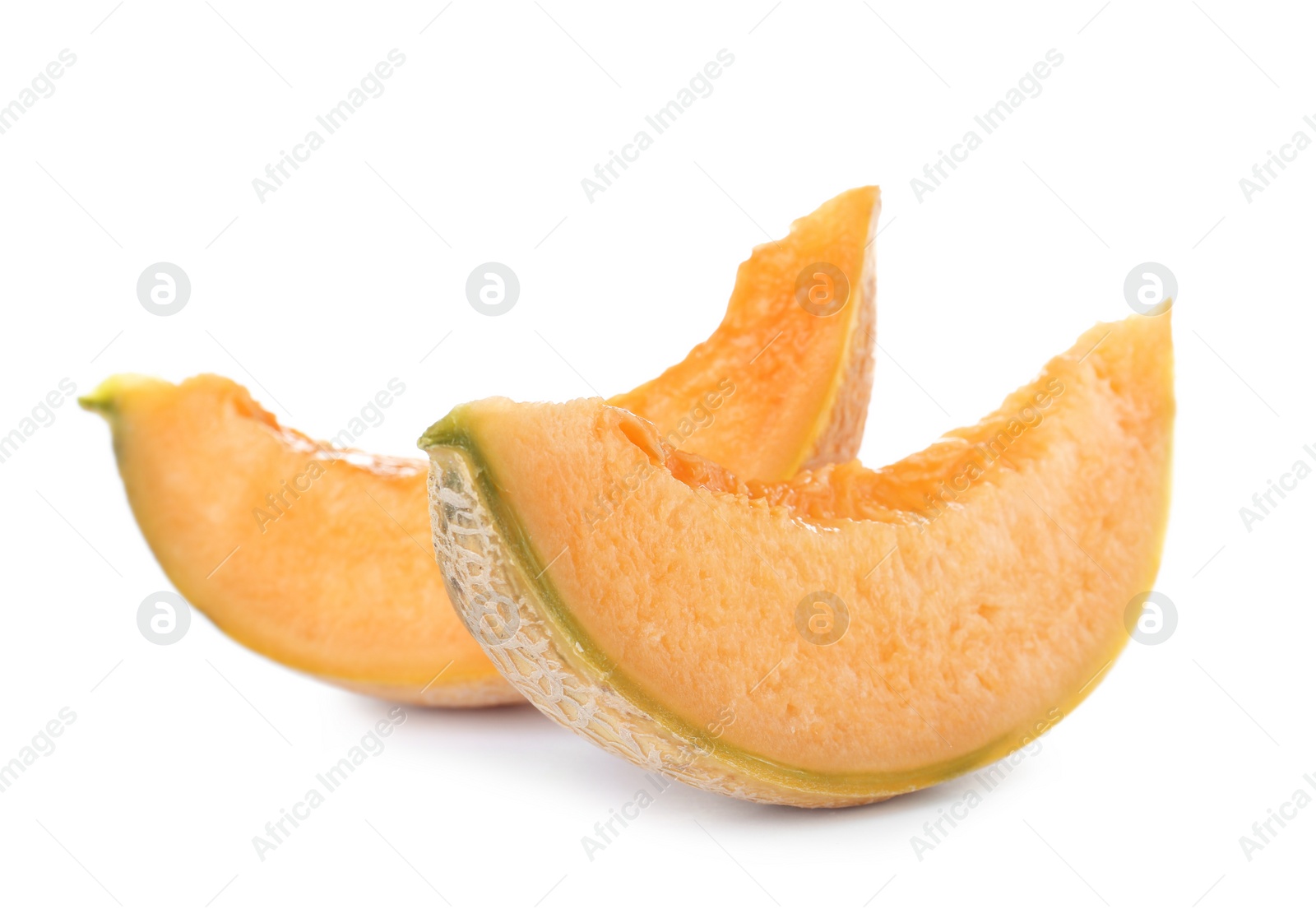 Photo of Slices of tasty ripe melon on white background