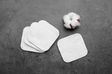 Many clean cotton pads and flower on grey background, flat lay