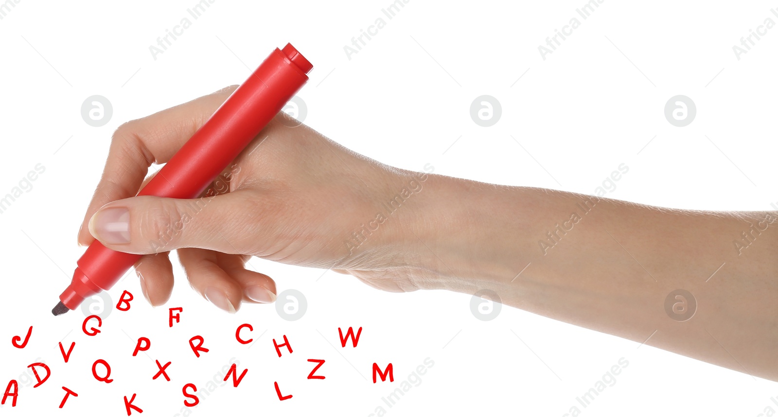 Image of Woman writing letters and they flying away on white background, closeup