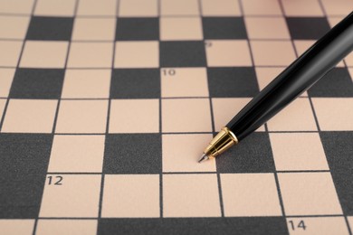 Pen and blank crossword, closeup. Space for text