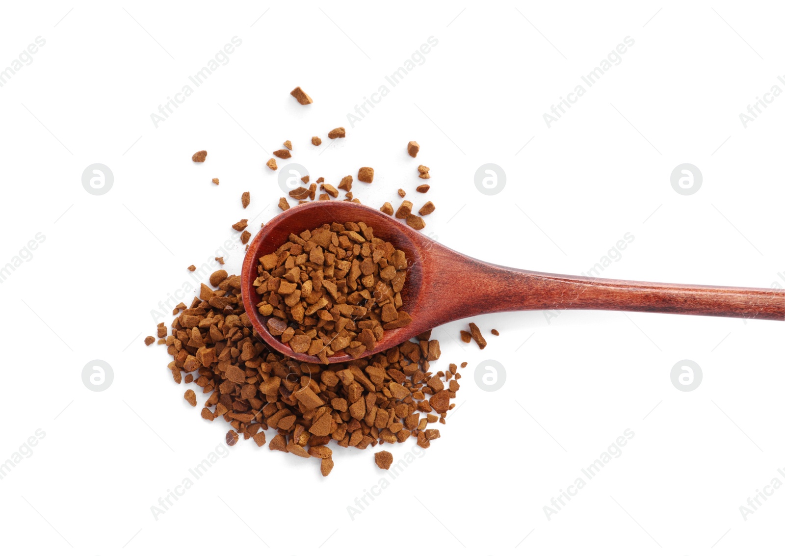 Photo of Wooden spoon with aromatic instant coffee isolated on white, top view