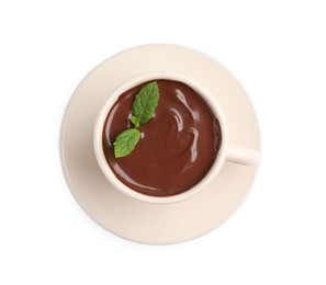 Photo of Cup of delicious hot chocolate with mint on white background, top view