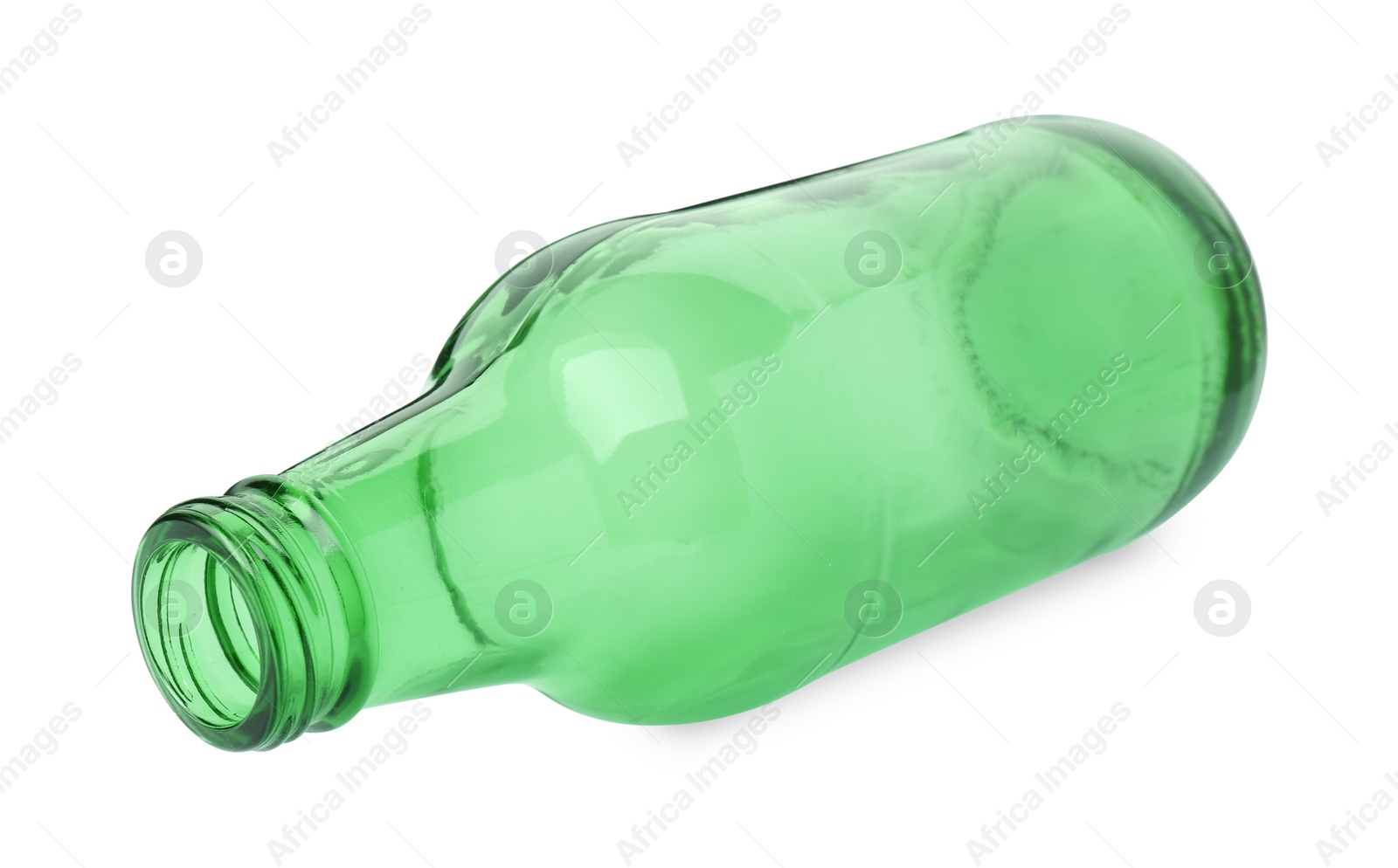 Photo of One empty green beer bottle isolated on white