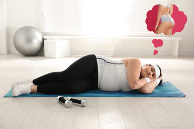 Image of Overweight woman sleeping at gym and dreaming of slim body