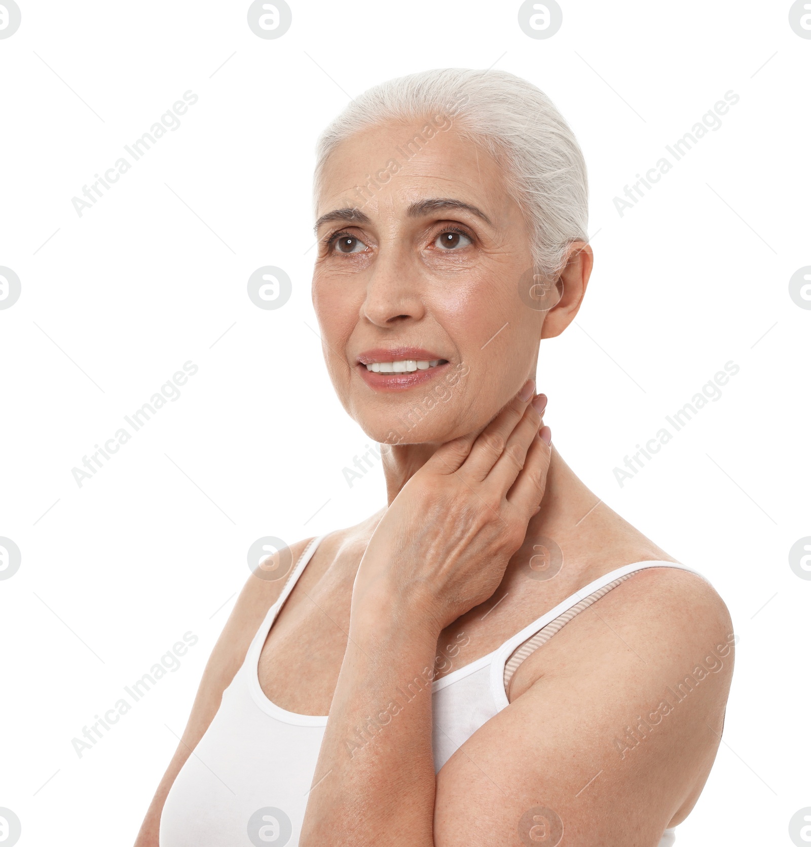 Photo of Portrait of beautiful mature woman on white background