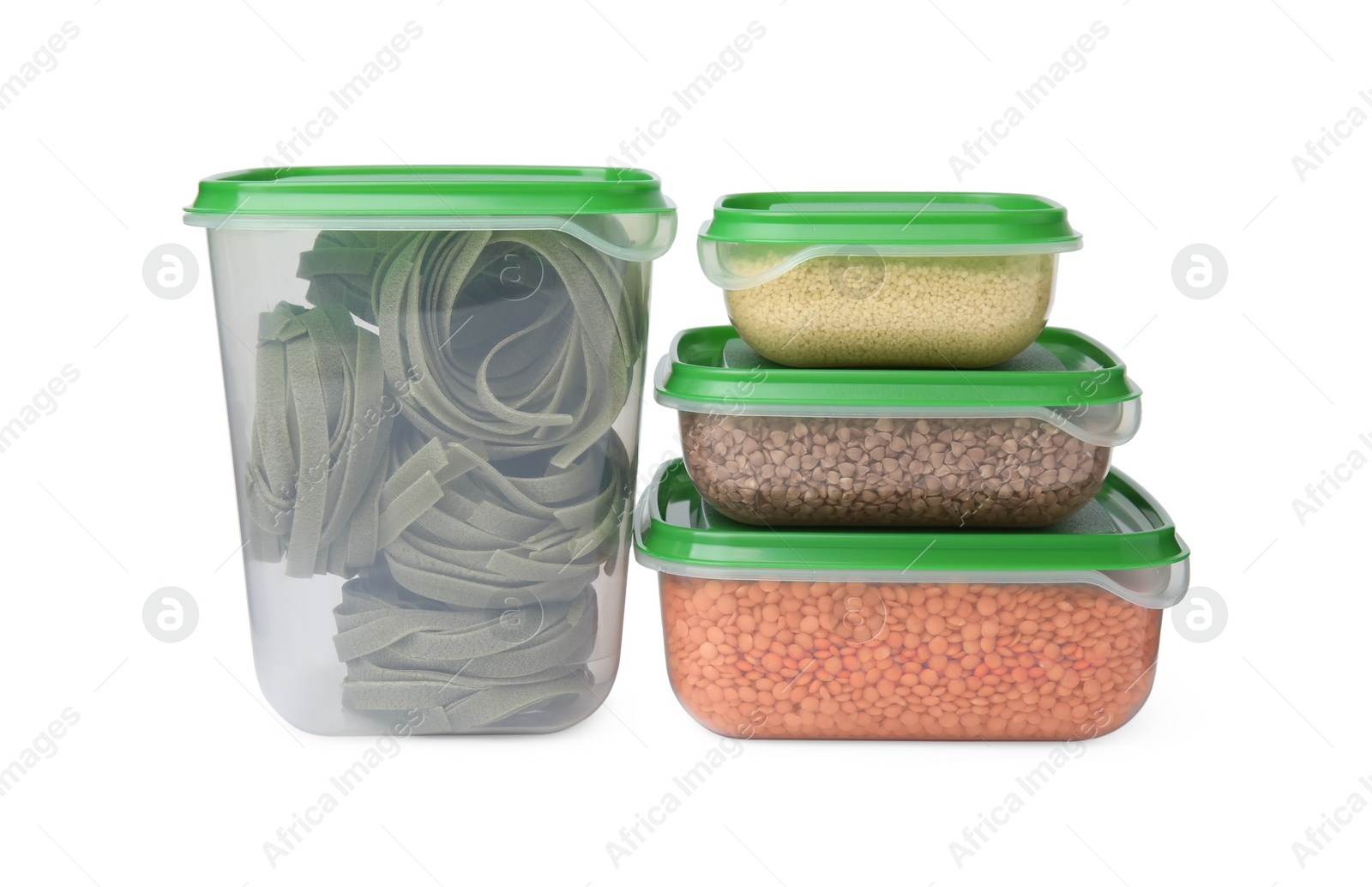 Photo of Plastic containers filled with food products isolated on white