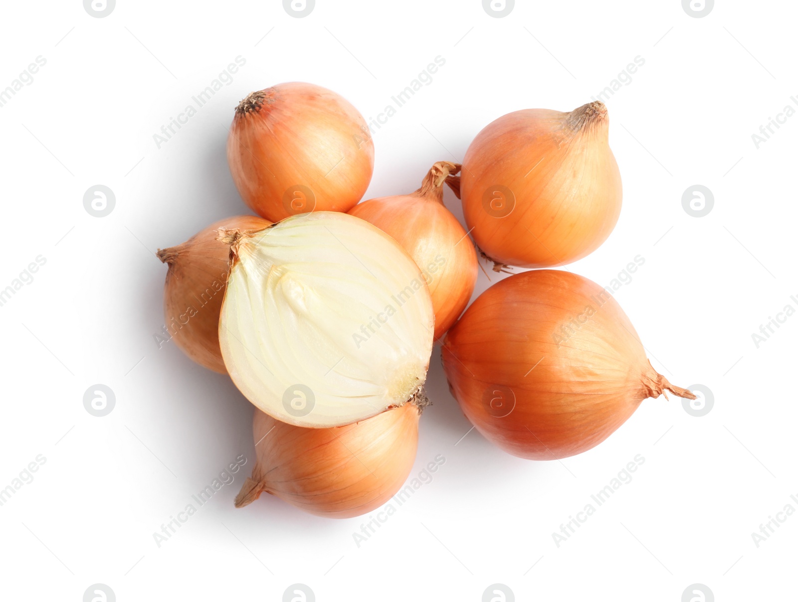 Photo of Fresh ripe onion bulbs on white background