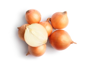 Photo of Fresh ripe onion bulbs on white background