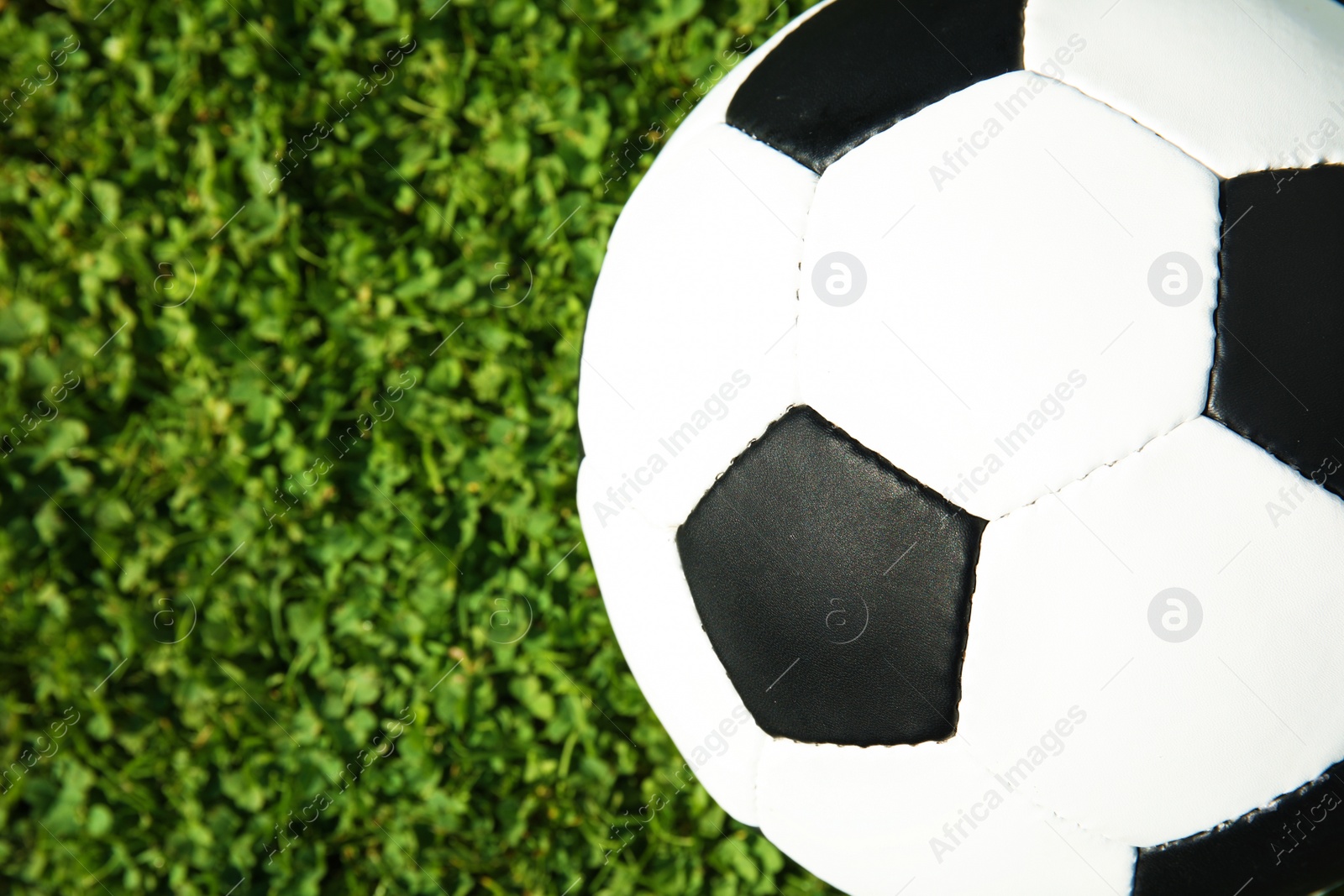 Photo of Soccer ball on fresh green football field grass, top view. Space for text