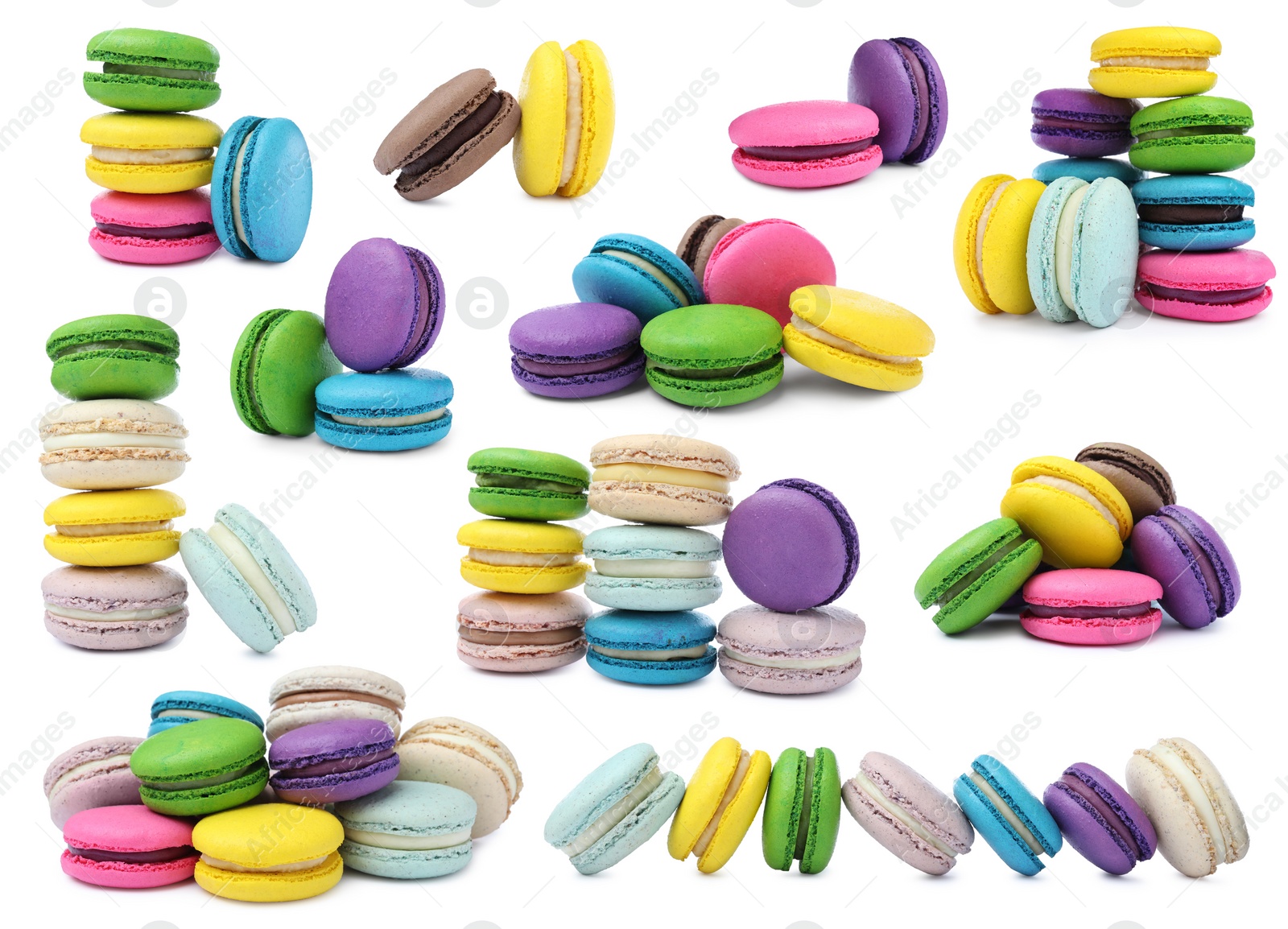 Image of Set with different delicious macarons on white background