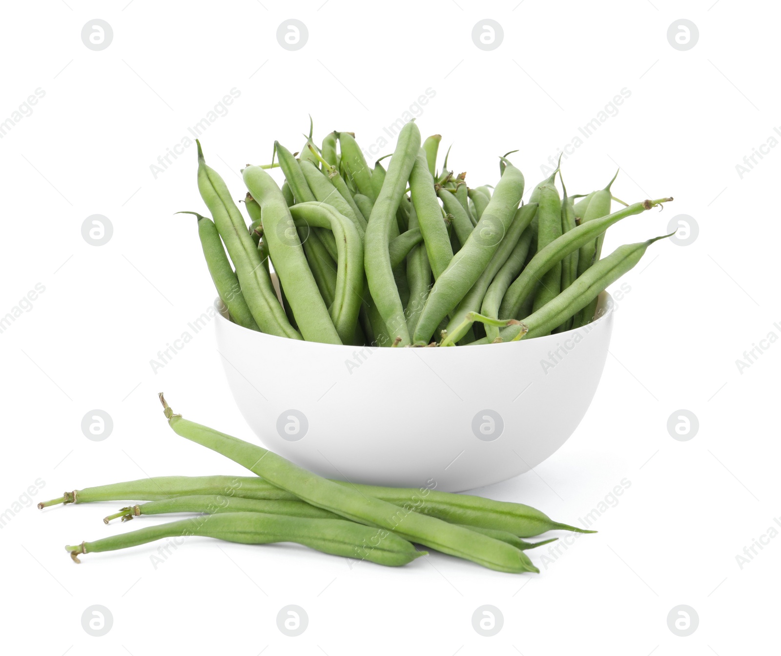 Photo of Fresh green beans in bowl on white background