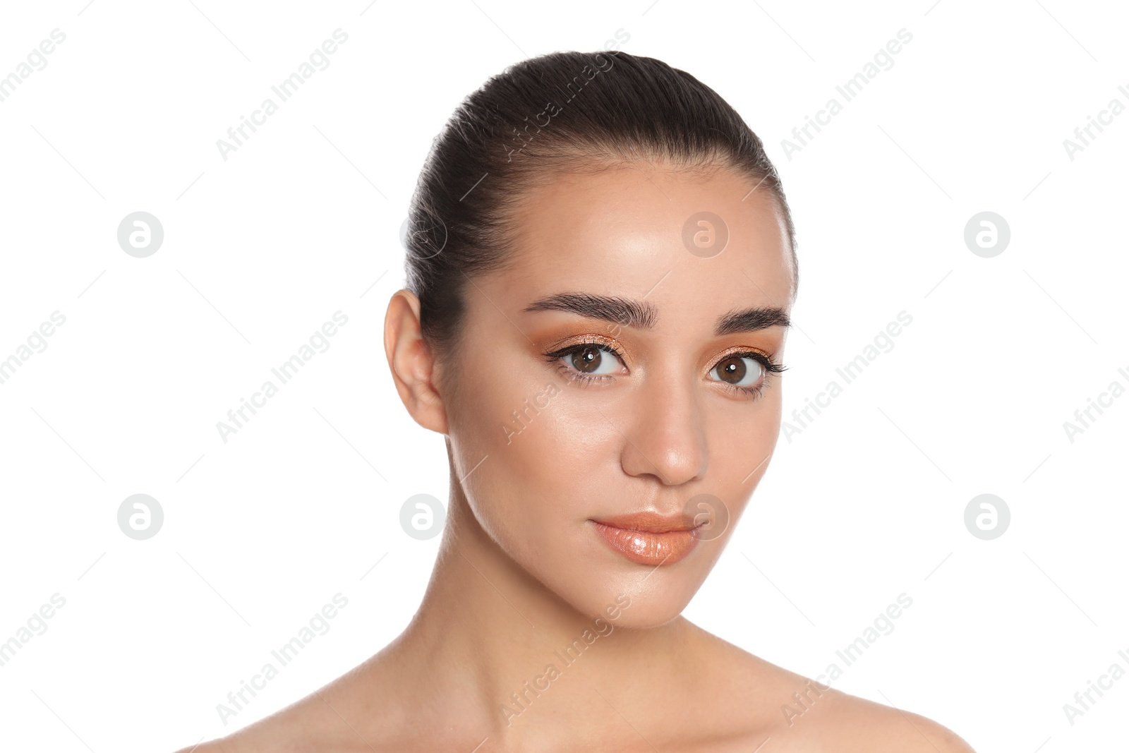 Photo of Beautiful young woman with glitter makeup on white background