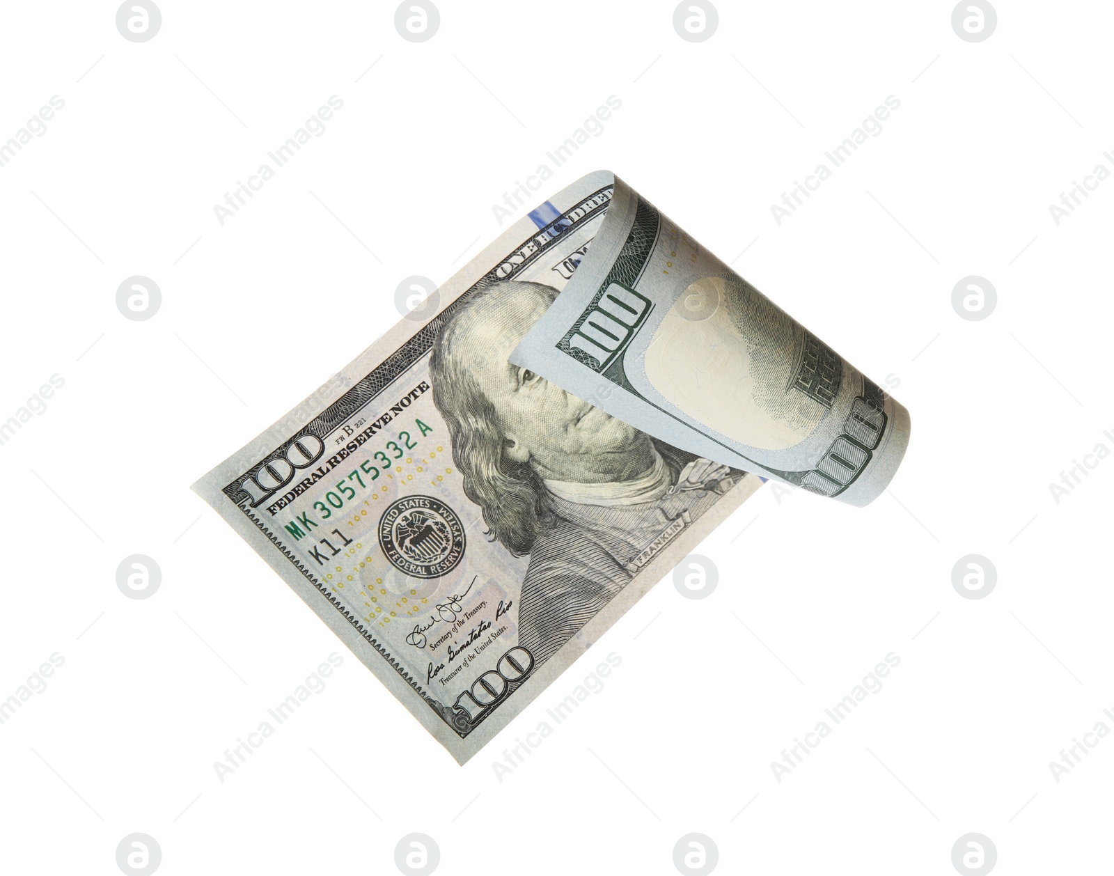 Photo of One hundred dollar banknote on white background. American national currency