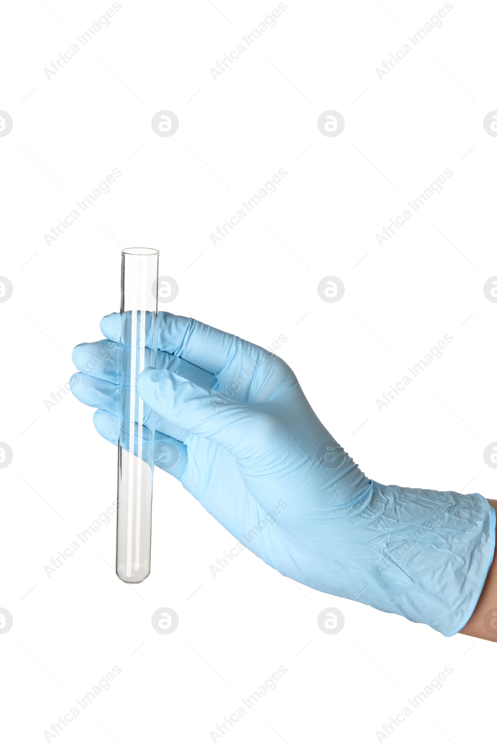 Photo of Scientist with test tube on white background, closeup. Laboratory glassware