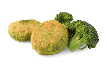 Photo of Green tasty vegan cutlets with broccoli isolated on white