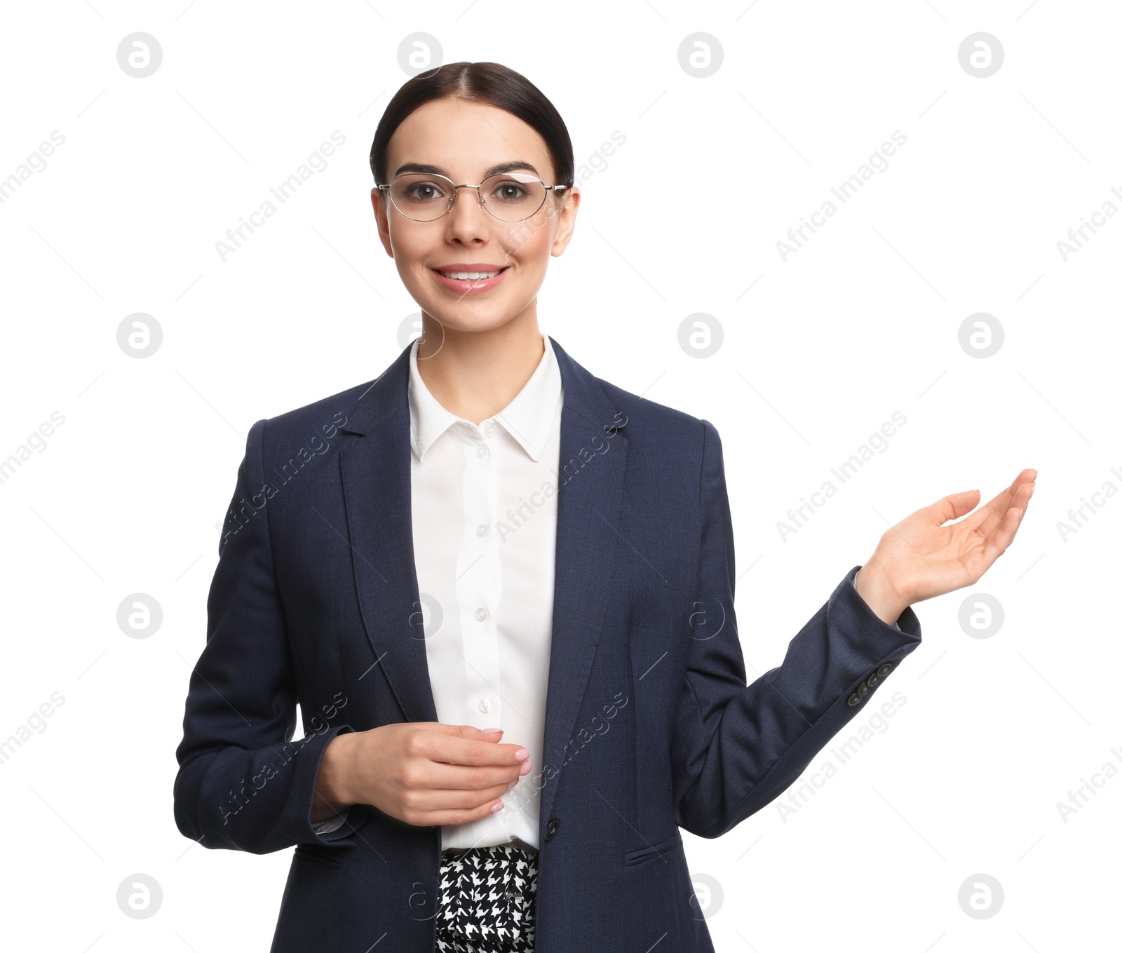 Photo of Portrait of young businesswoman on white background