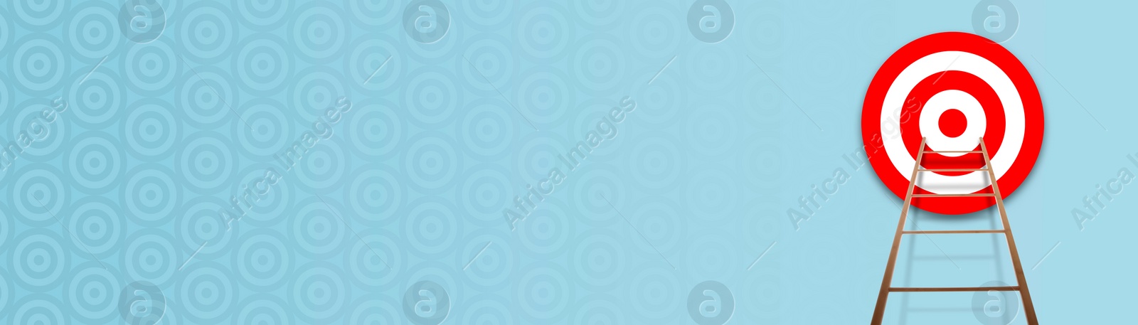 Image of Target and achievement concept. Wooden ladder leading to bullseye on light blue background, banner design