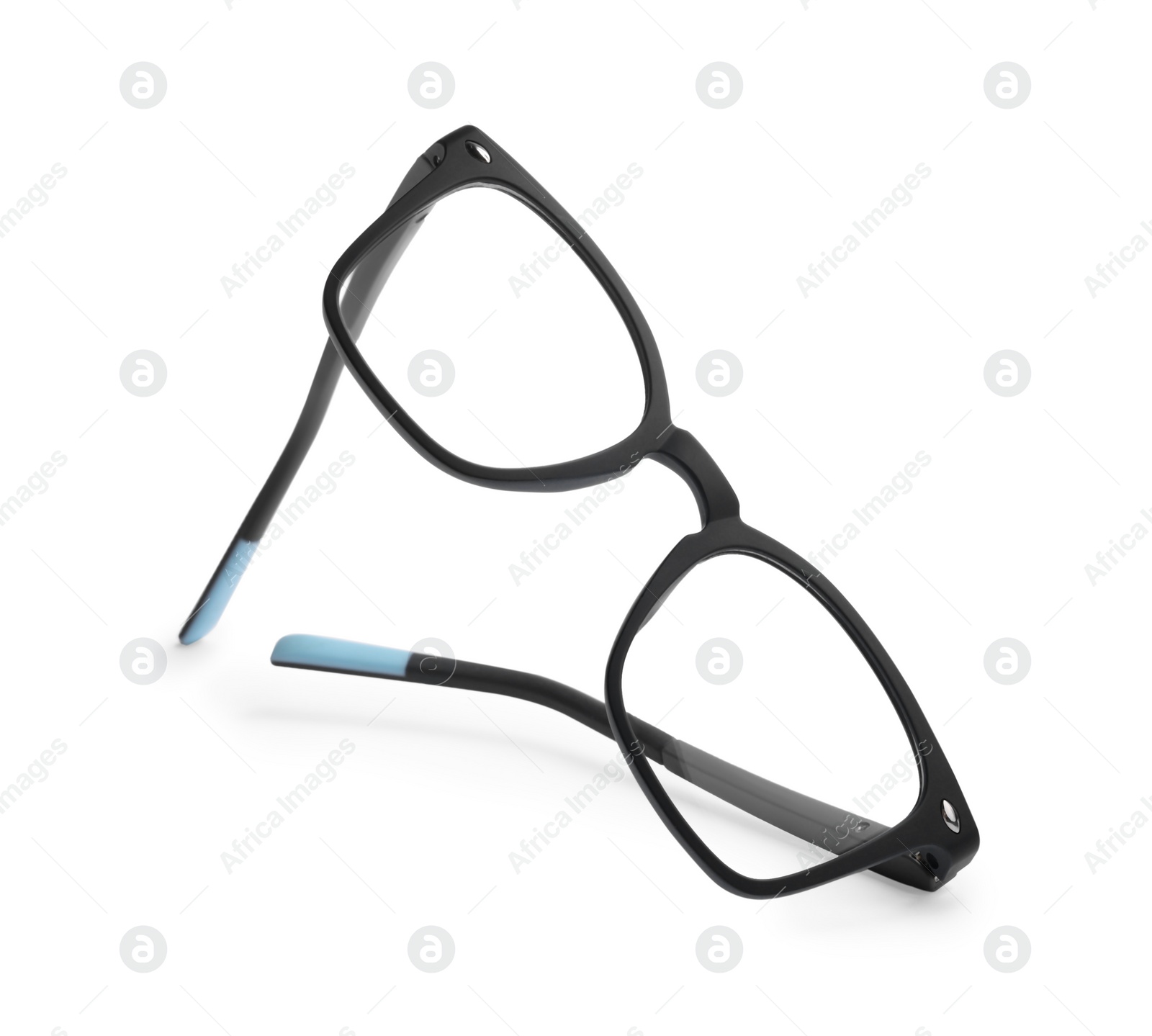 Photo of Stylish pair of glasses with black frame isolated on white