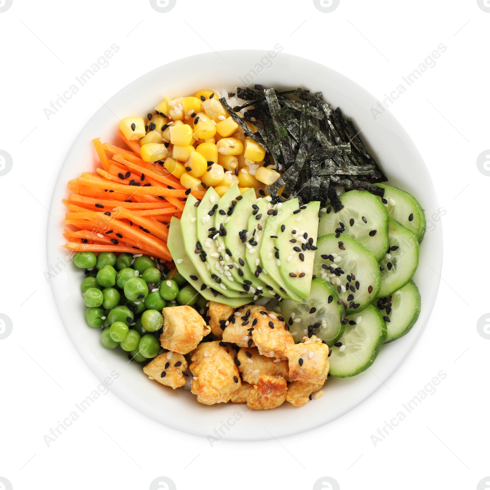 Photo of Delicious salad with chicken and vegetables in bowl isolated on white, top view