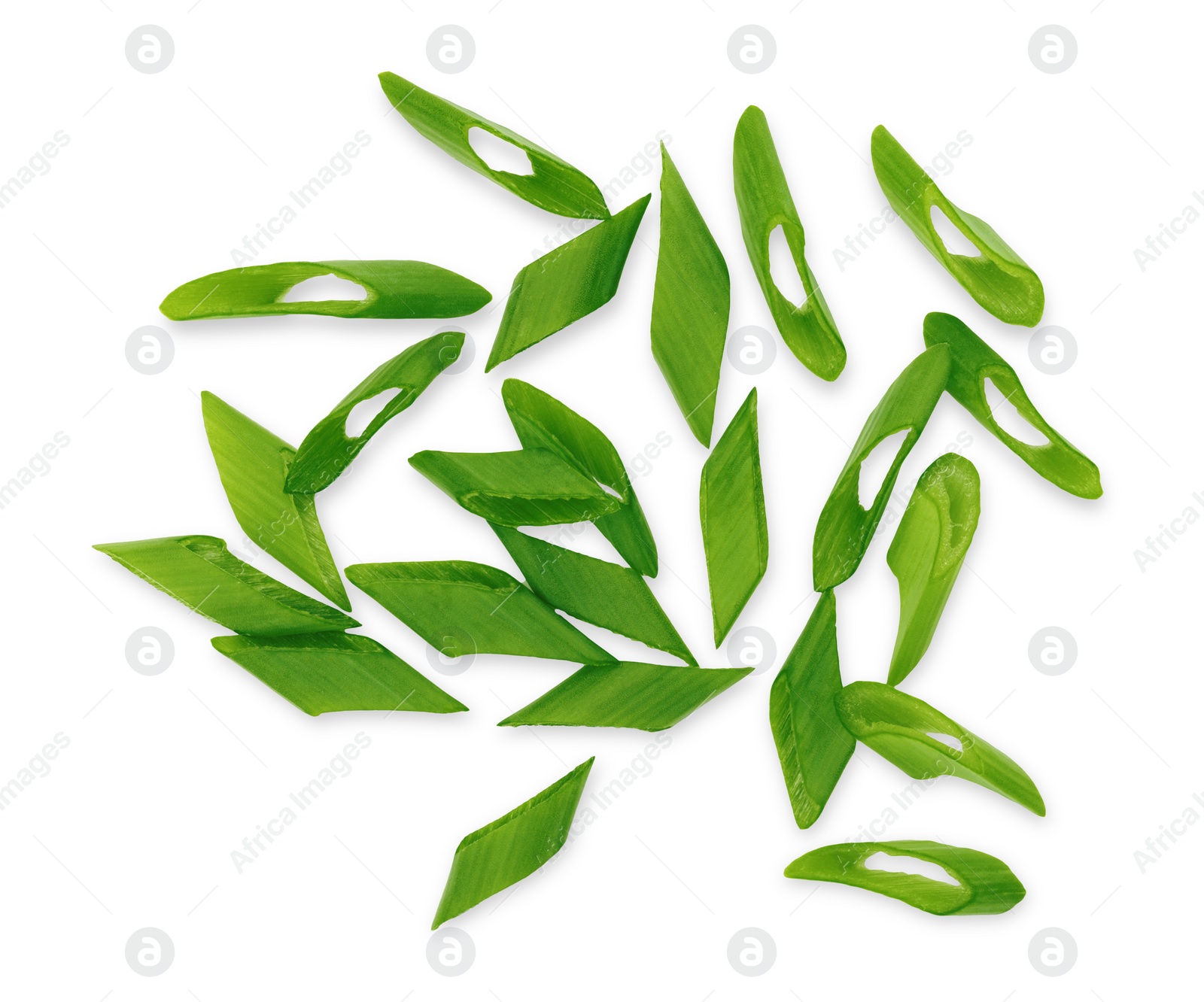 Photo of Chopped fresh green onions on white background, top view