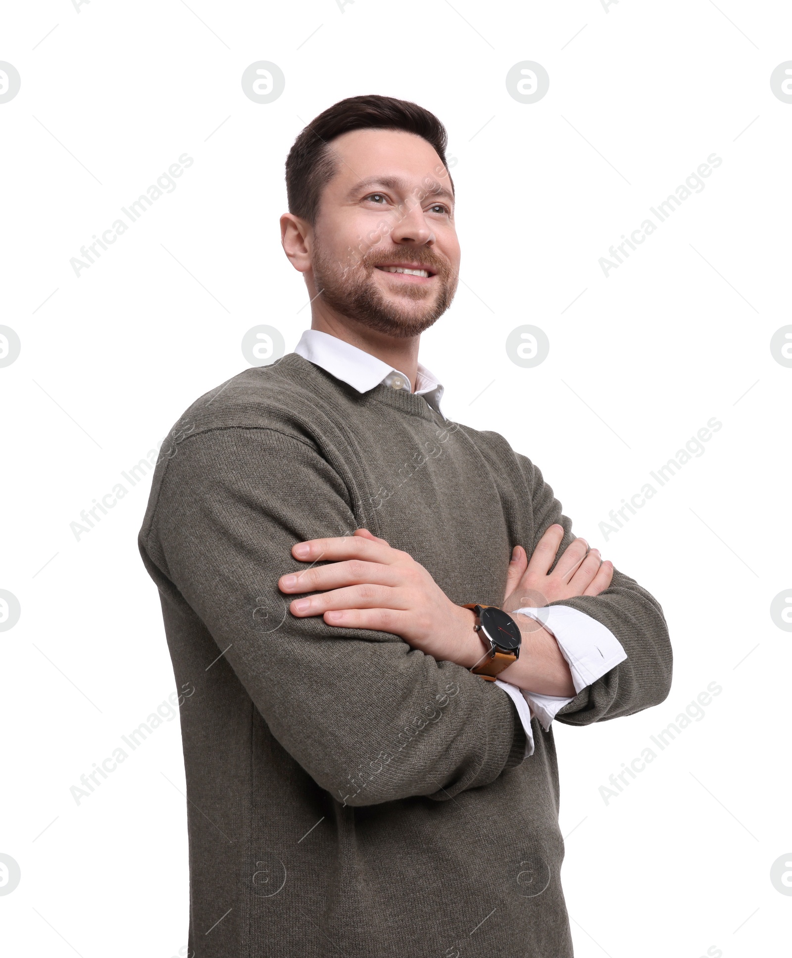 Photo of Portrait of handsome bearded businessman on white background, low angle view