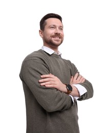 Photo of Portrait of handsome bearded businessman on white background, low angle view