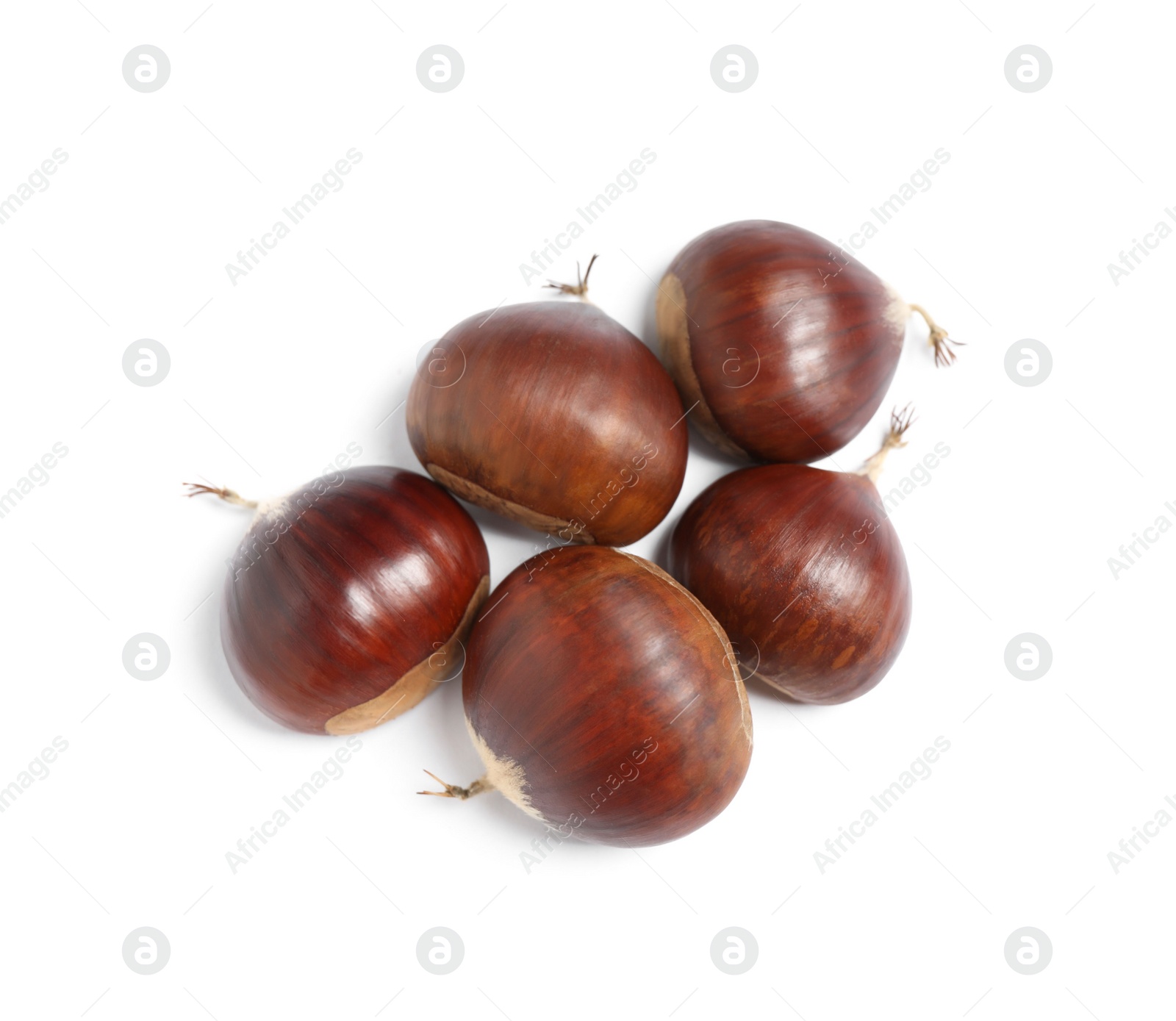 Photo of Fresh sweet edible chestnuts on white background, top view