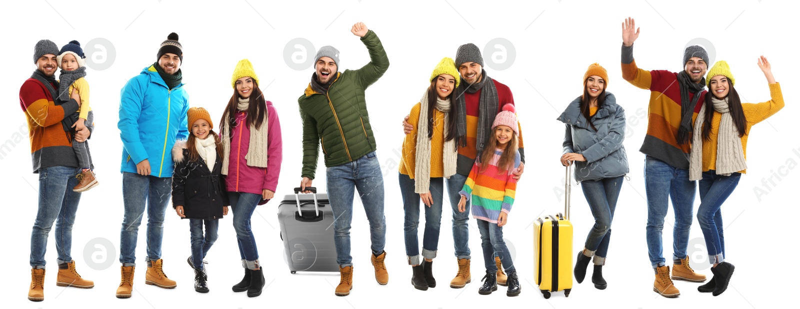 Image of Collage with photos of people wearing warm clothes on white background. Winter vacation