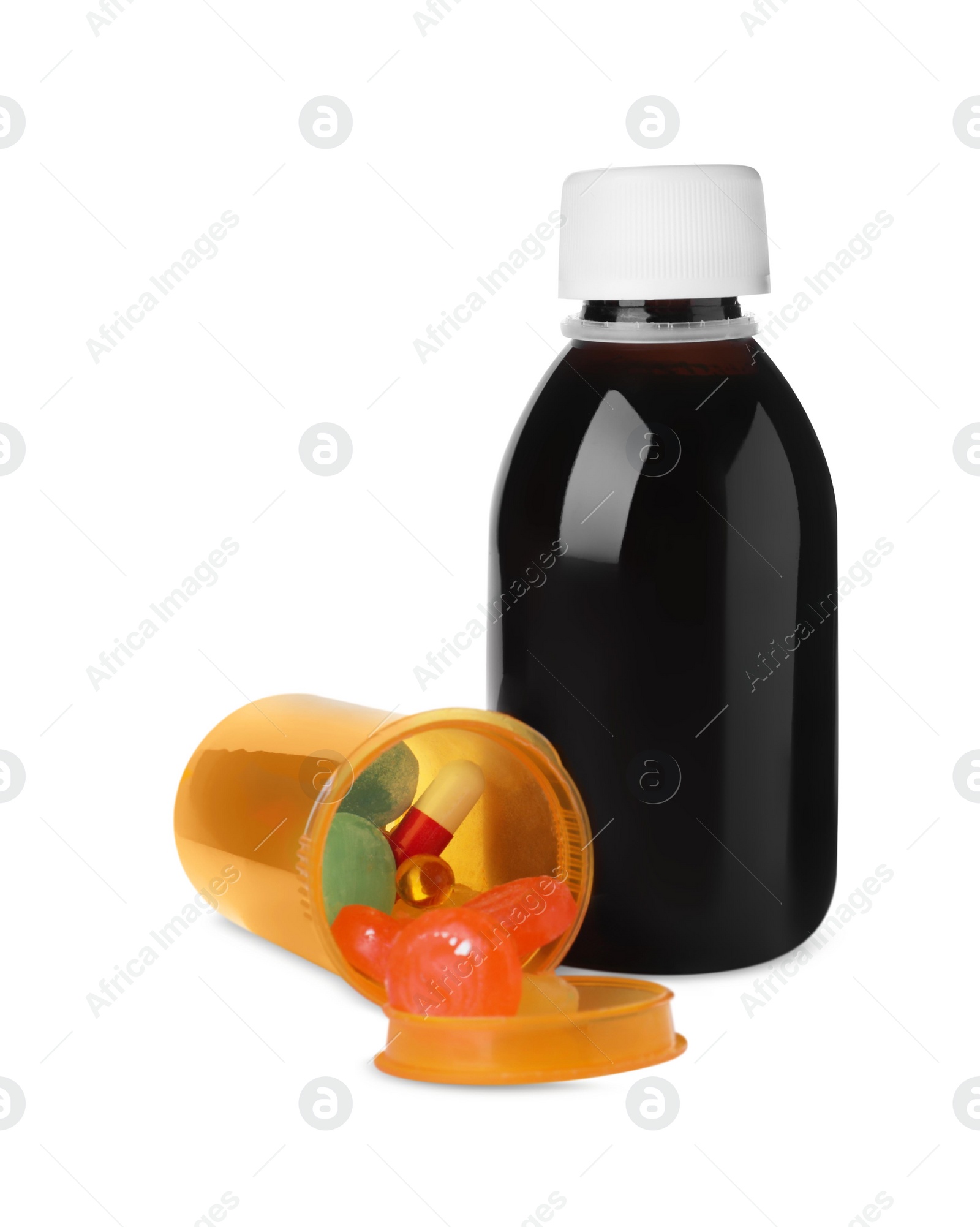 Photo of Bottle of syrup with pills on white background. Cough and cold medicine