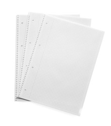 Stack of checkered paper sheets on white background, top view