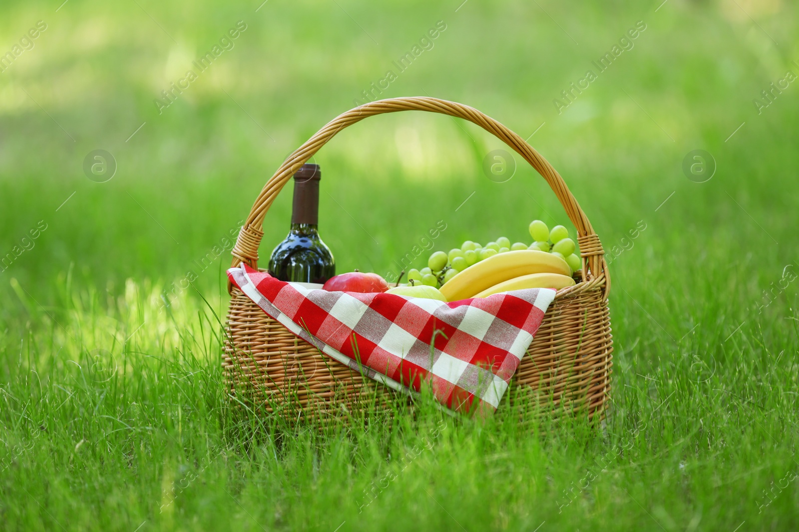 Photo of Wicker basket with blanket, wine and food on green grass in park. Summer picnic