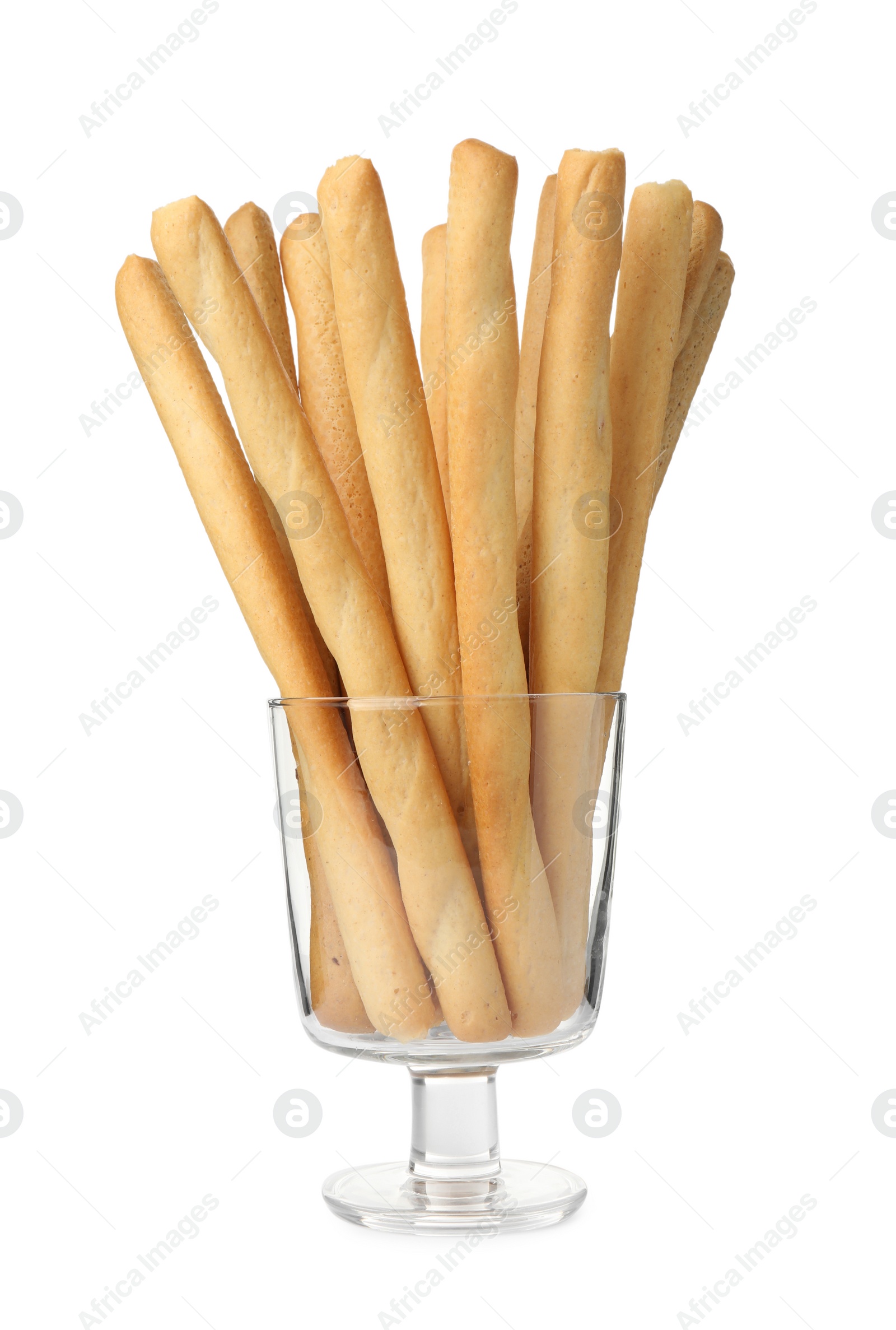 Photo of Delicious grissini sticks in glass on white background