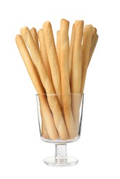 Delicious grissini sticks in glass on white background