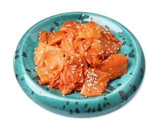Photo of Plate of spicy cabbage kimchi isolated on white