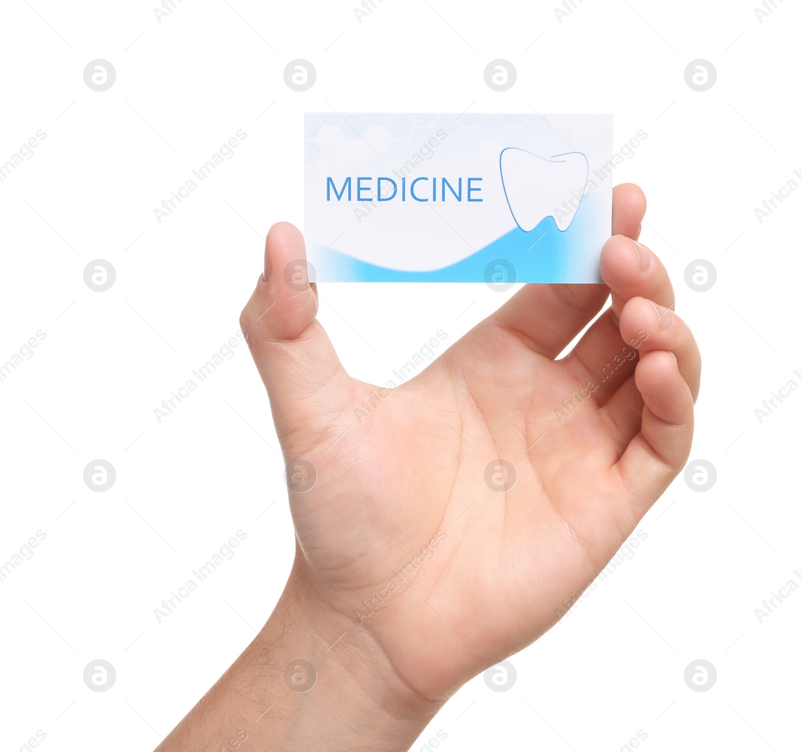 Photo of Man holding business card isolated on white, closeup. Dental medical service