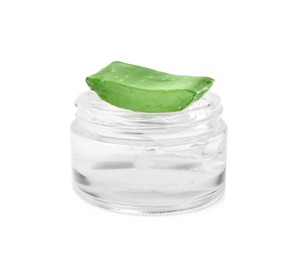 Photo of Jar of natural gel and cut aloe isolated on white