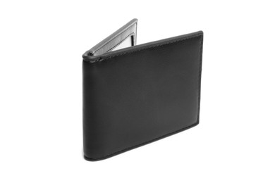 Stylish black leather wallet isolated on white