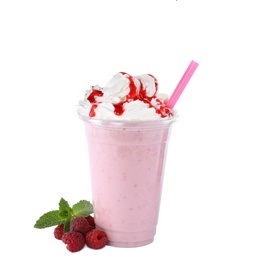 Photo of Tasty fresh milk shake in plastic cup with raspberries on white background