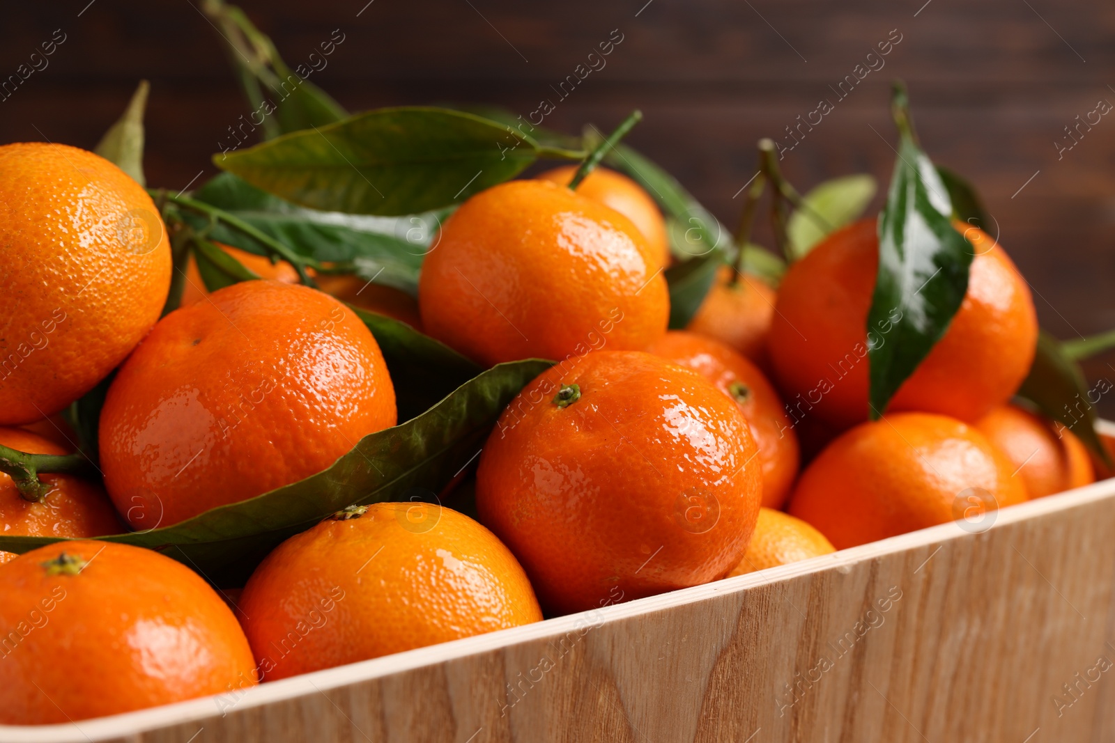 Photo of Fresh tangerines with green leaves in wooden crate, closeup