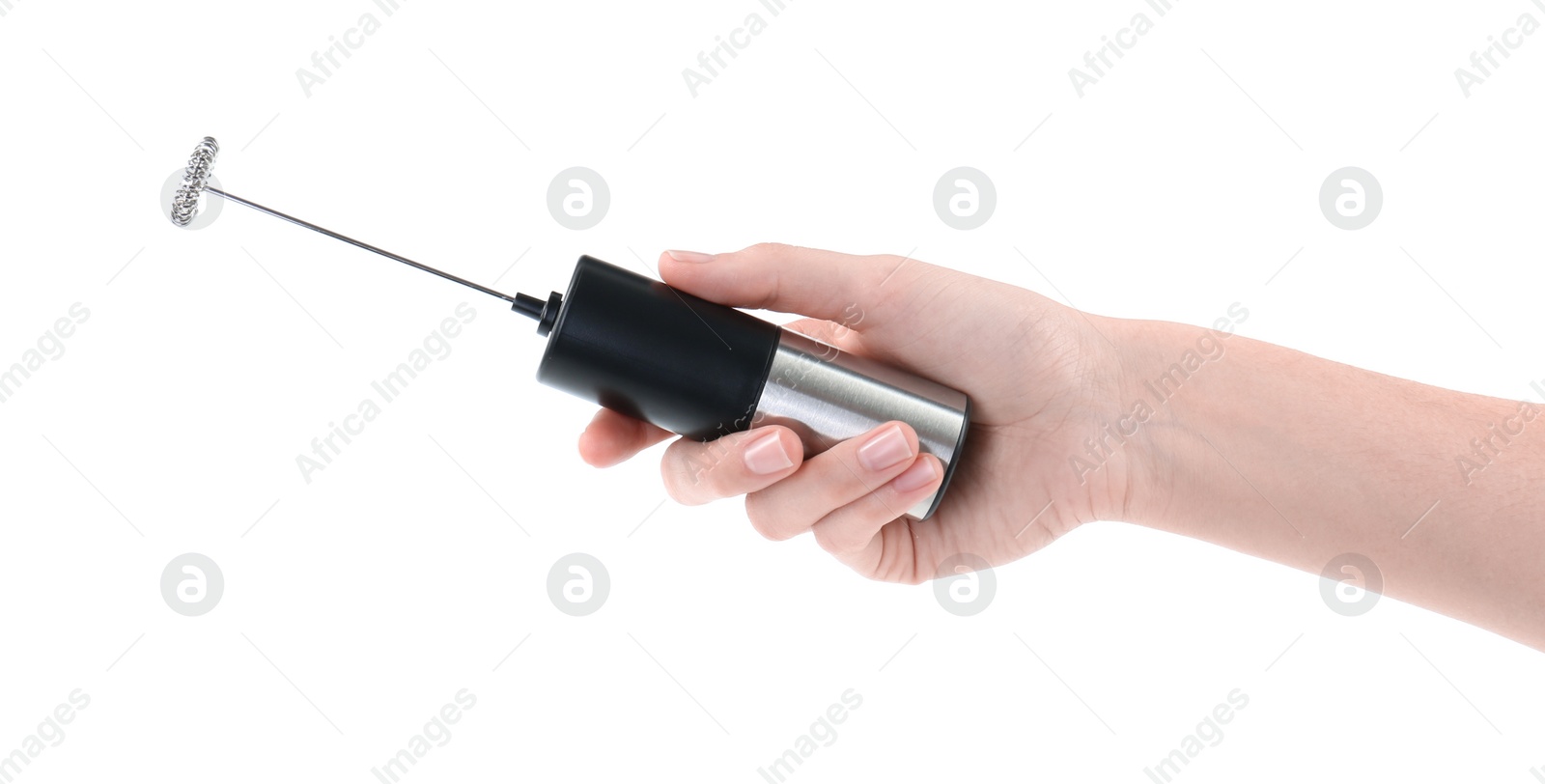 Photo of Woman holding milk frother wand on white background, closeup