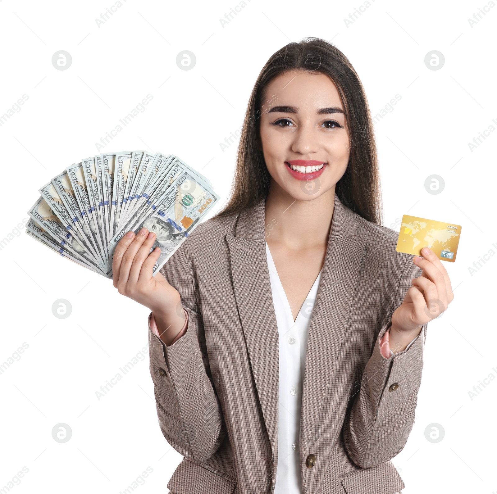 Photo of Portrait of happy young businesswoman with money and credit card on white background