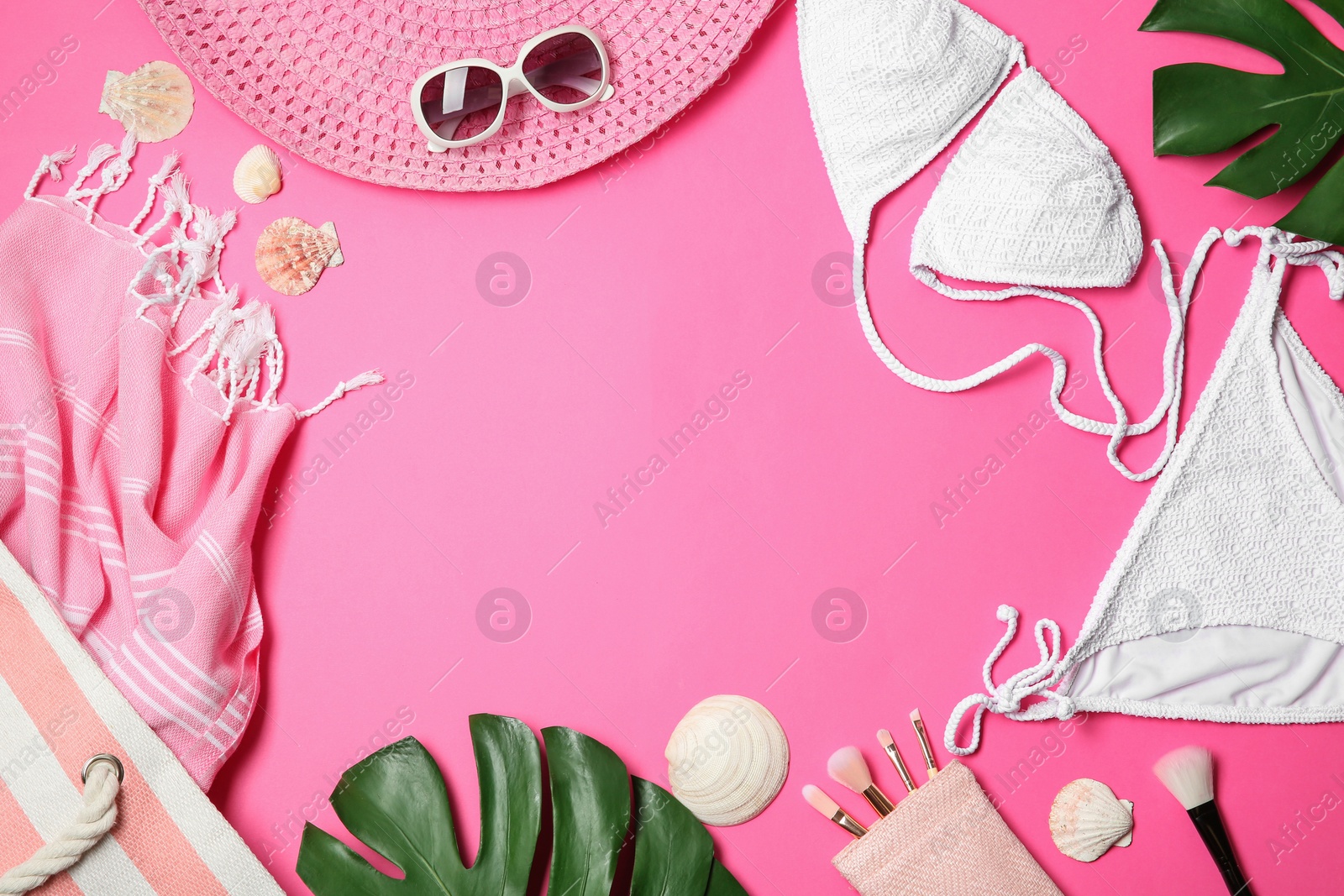 Photo of Flat lay composition with stylish bikini on color background. Space for text