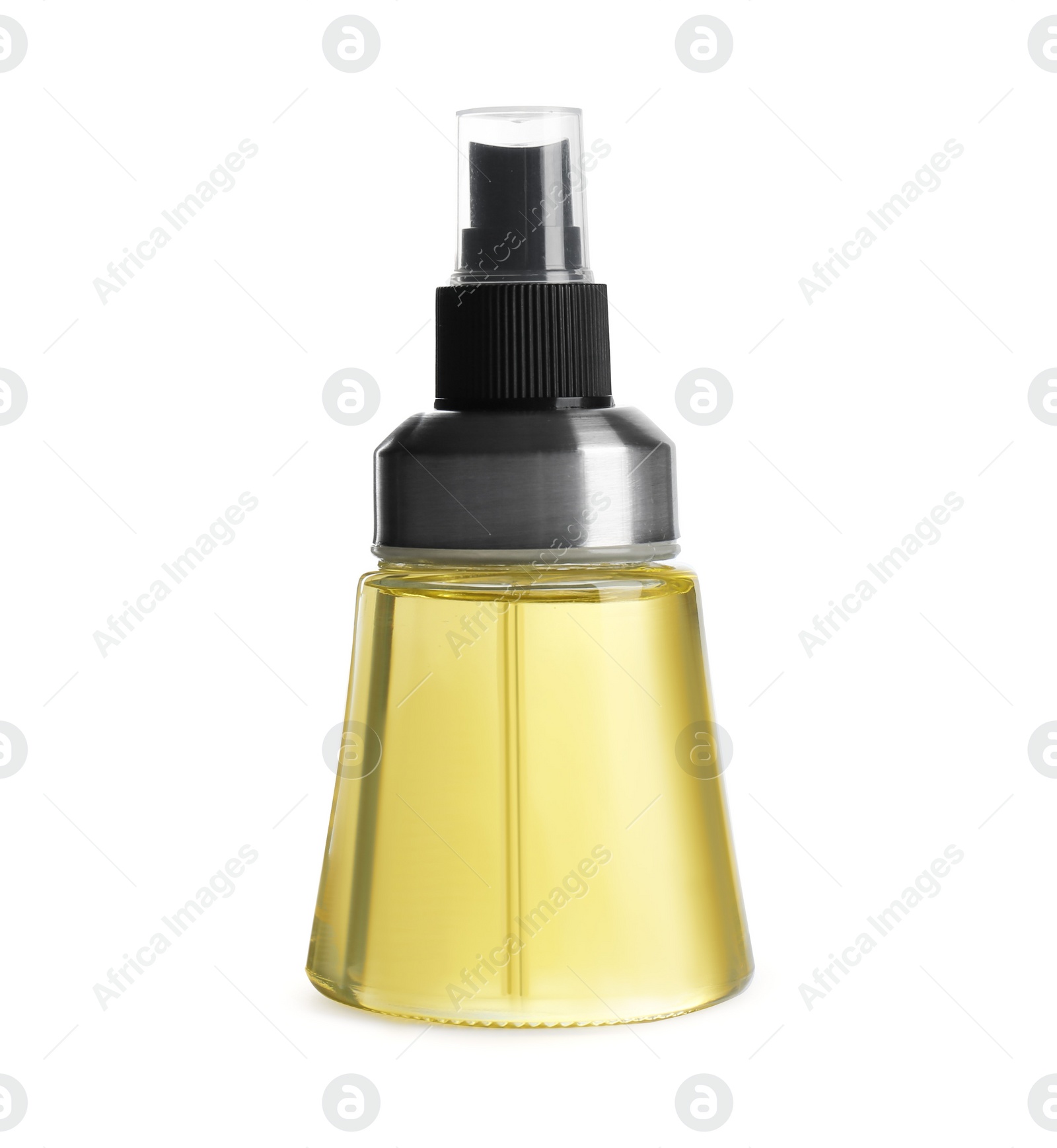 Photo of Spray bottle with cooking oil on white background
