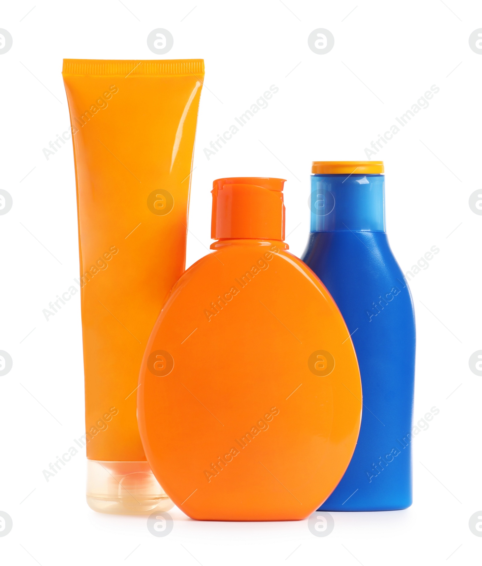 Photo of Composition with sun protection cosmetic products on white background