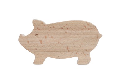Photo of Wooden pig figure isolated on white. Educational toy for motor skills development