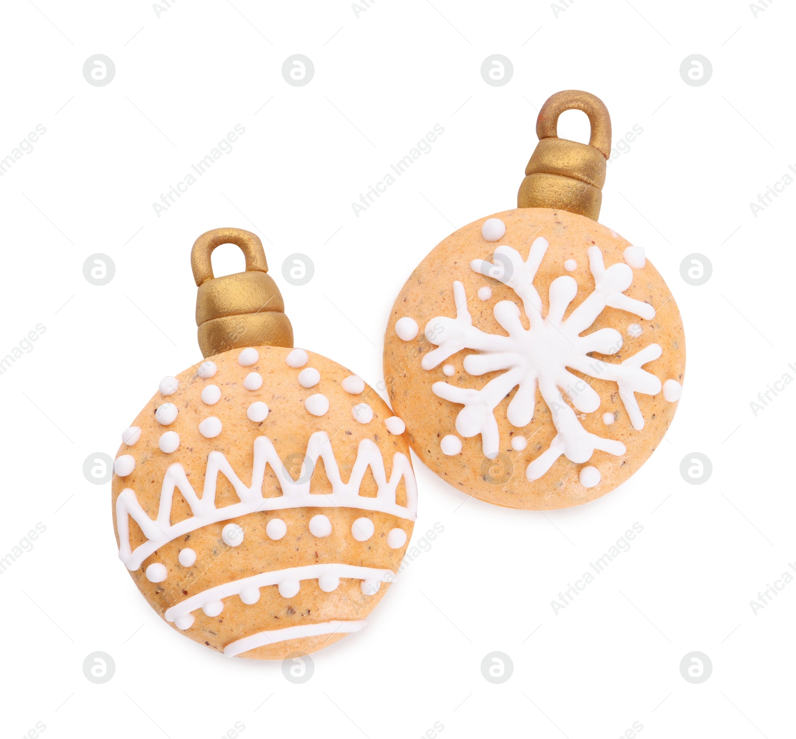 Photo of Beautifully decorated Christmas macarons on white background, top view