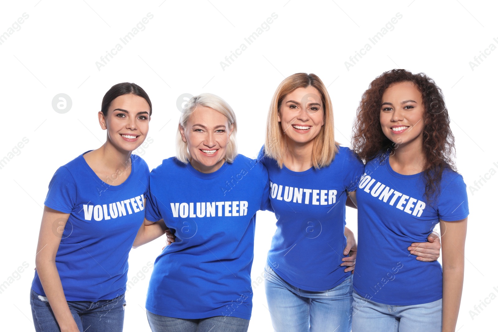 Photo of Team of female volunteers in uniform on white background