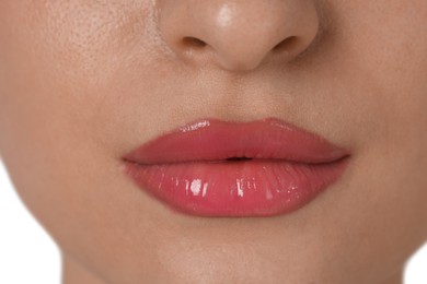 Beautiful woman with perfect lips, closeup. Permanent makeup